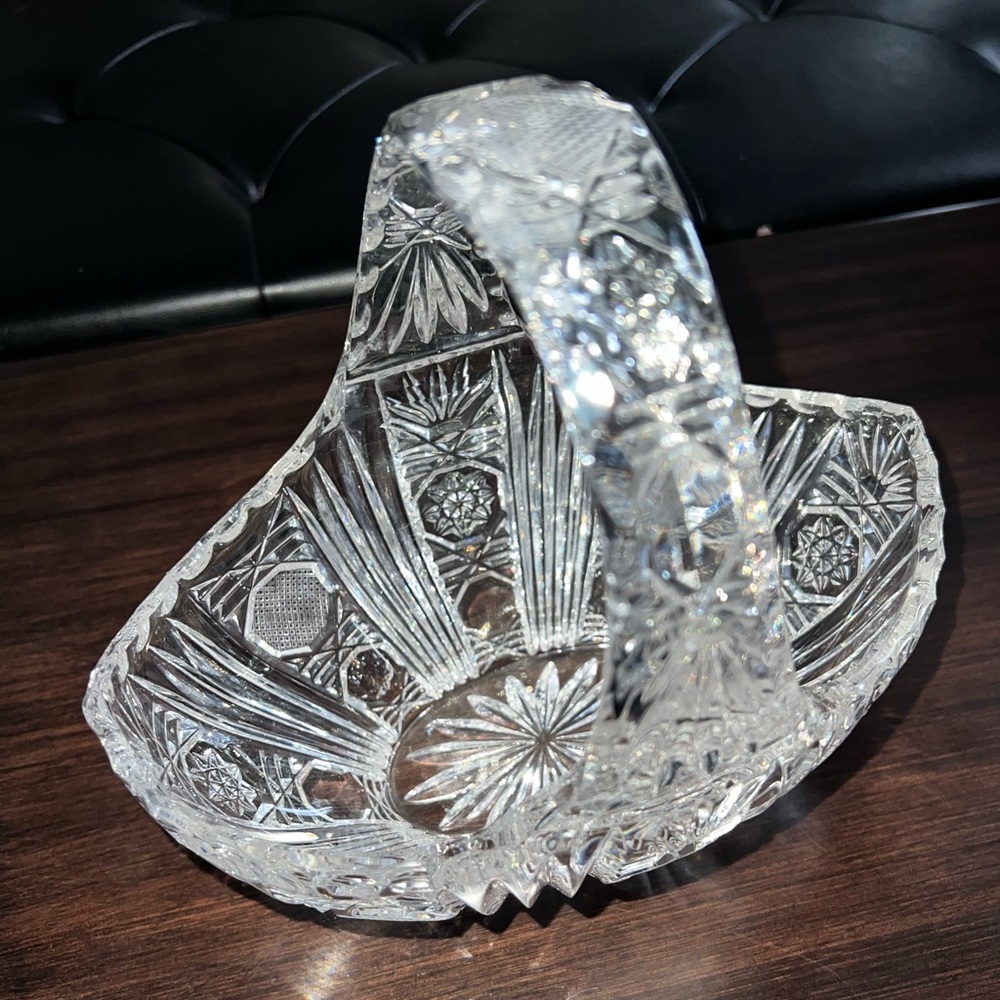 Vintage Elegant Crystal Cut Glass Basket 8in height /8in tall /5in wide